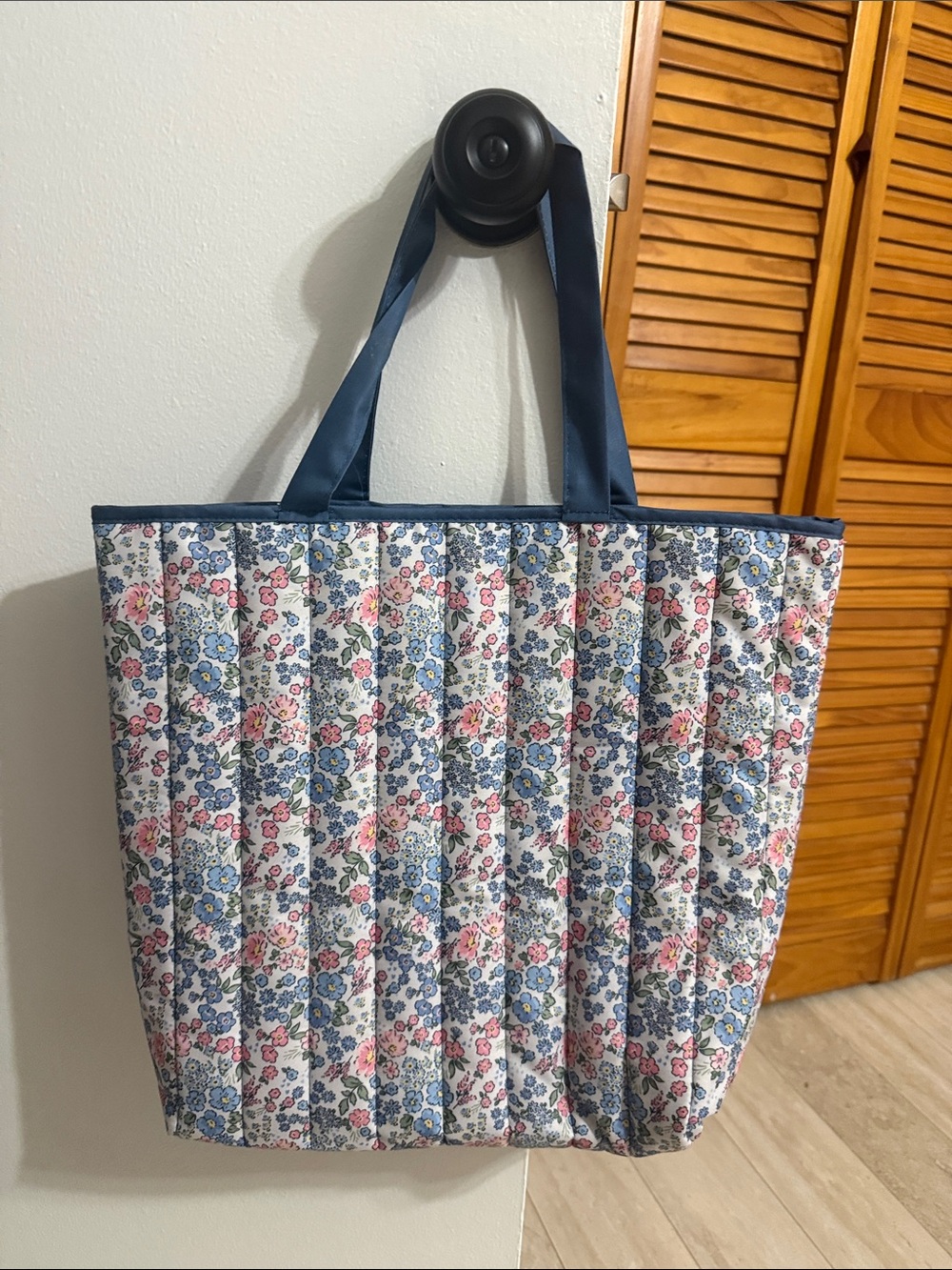 Quilted Floral Tote Bag in Navy and Pink